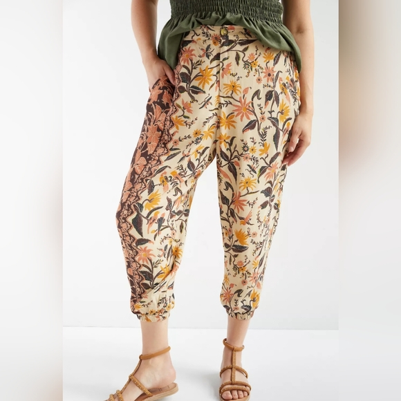 Anthropologie Smocked Balloon-Leg Bird Floral Print Pants Sz 12 - Picture 1 of 9